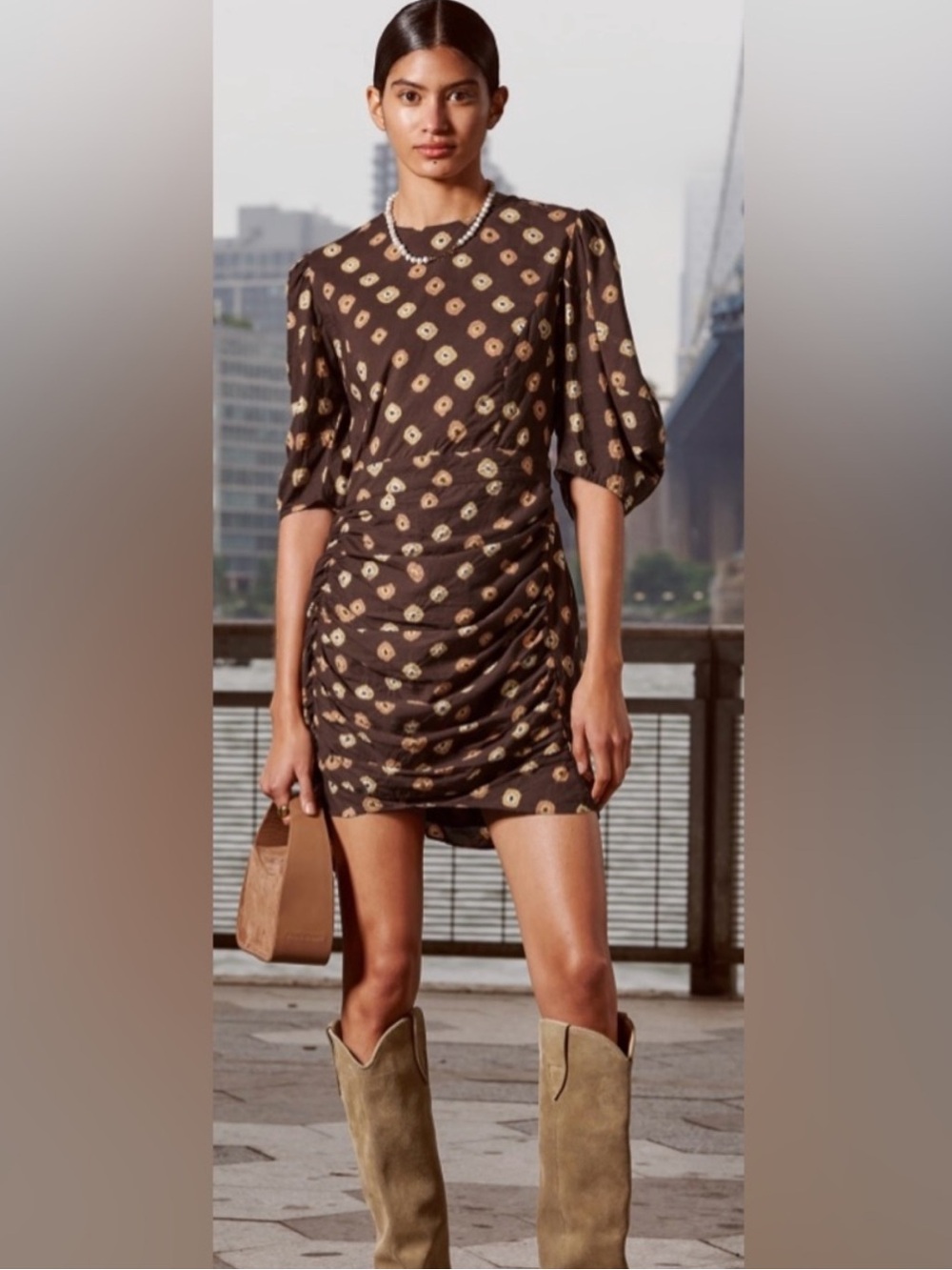 Rhode printed brown mini dress puff sleeves gathered ruched size 2